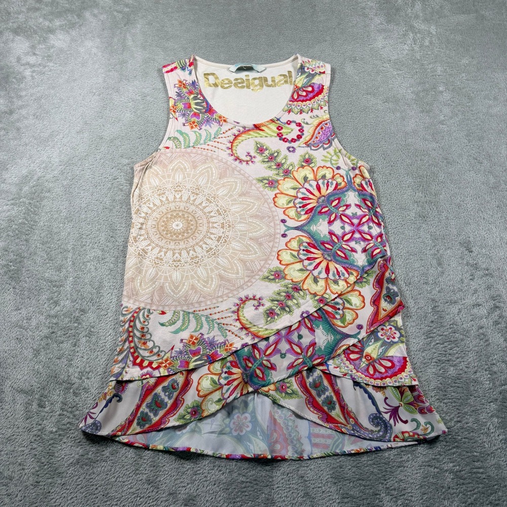 Desigual Tank Top Women Medium Pink Paisley Mandala Layered Hem